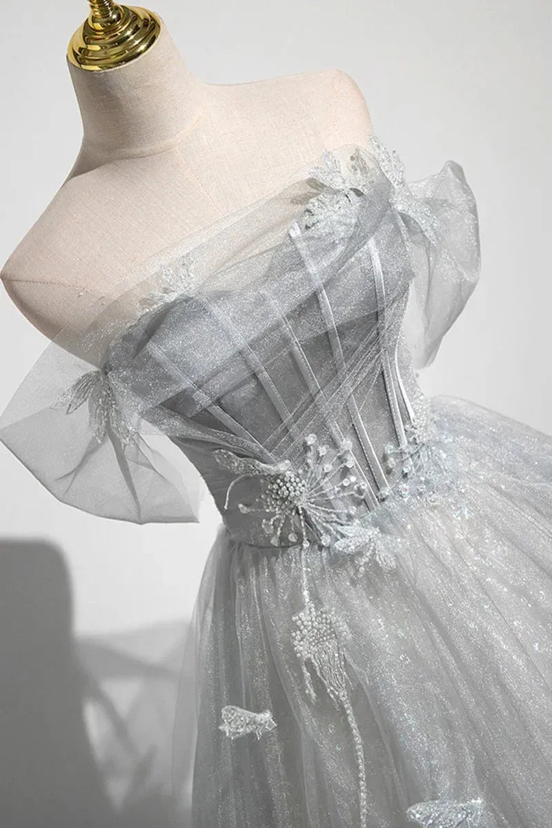 Glamorous Ball Gown Off-The-Shoulder Puff Sleeve Lace-Up Corset Glitter Tulle Evening Dress With Train