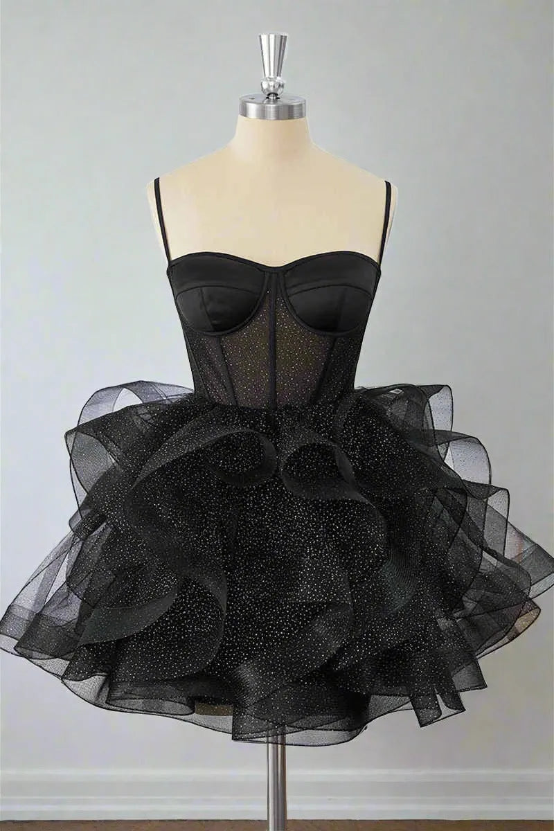 Glamorous Ball Gown Sweetheart Spaghetti Strap Glitter Tulle Mini Party Dress