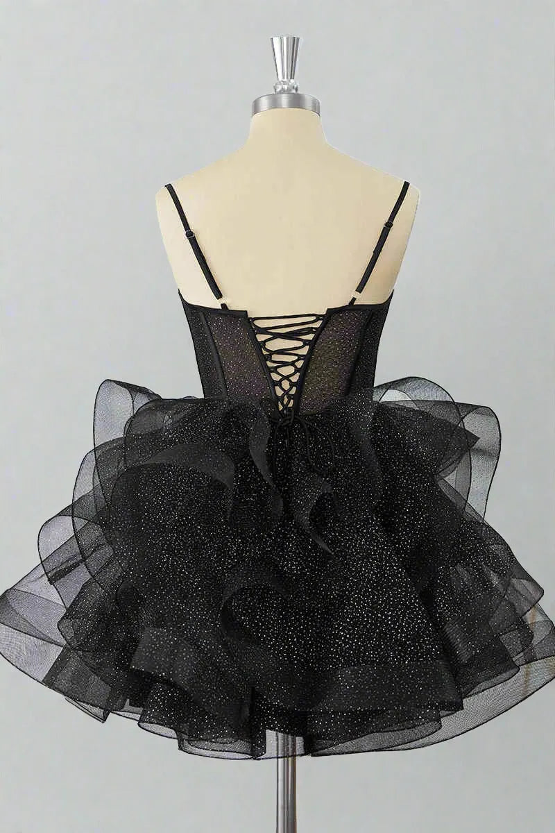 Glamorous Ball Gown Sweetheart Spaghetti Strap Glitter Tulle Mini Party Dress