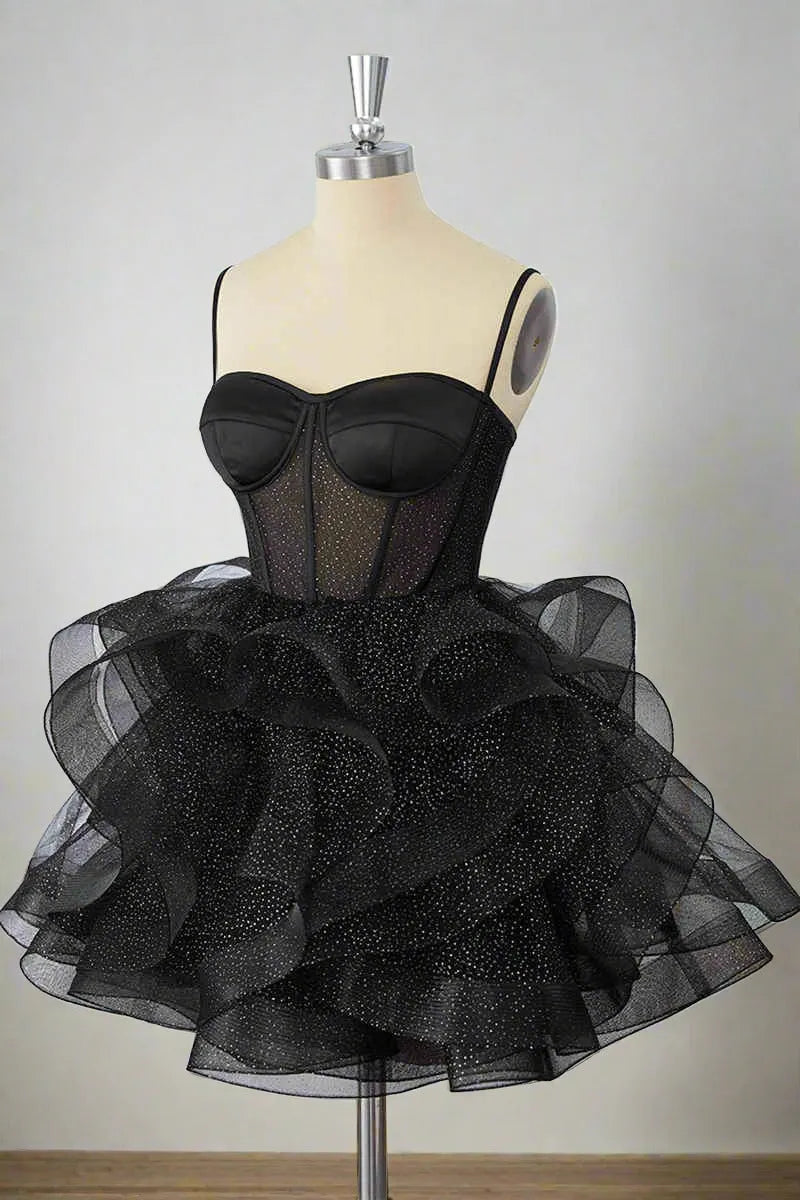 Glamorous Ball Gown Sweetheart Spaghetti Strap Glitter Tulle Mini Party Dress