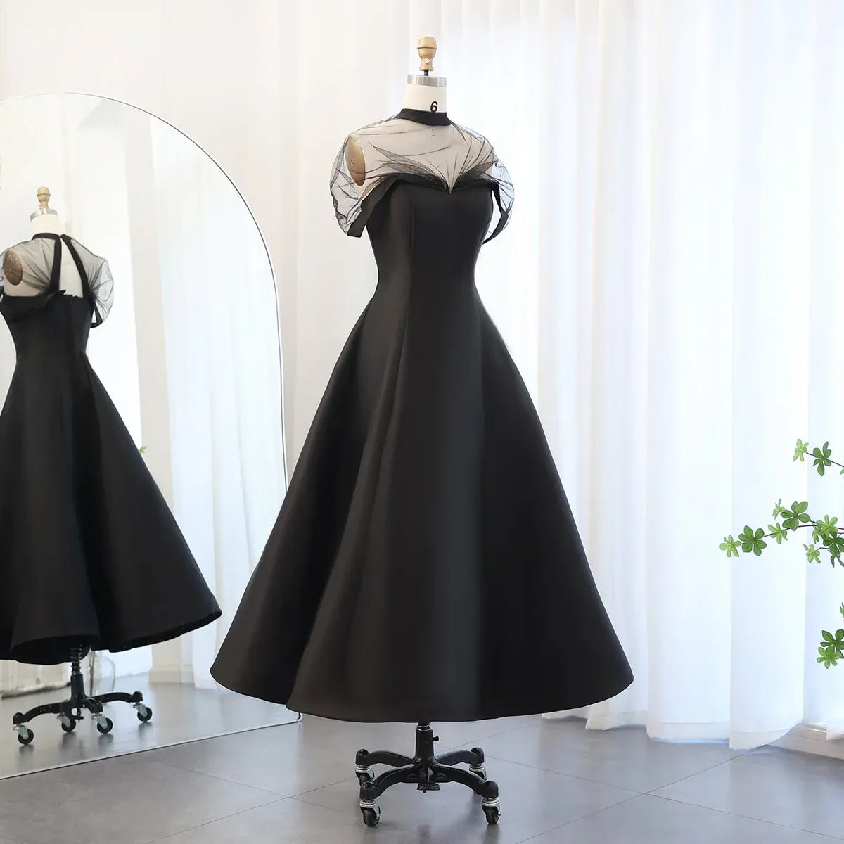 Glamorous Ballgown Off-The-Shoulder Short Sleeve Sheer Tulle Satin Evening Dress With Train