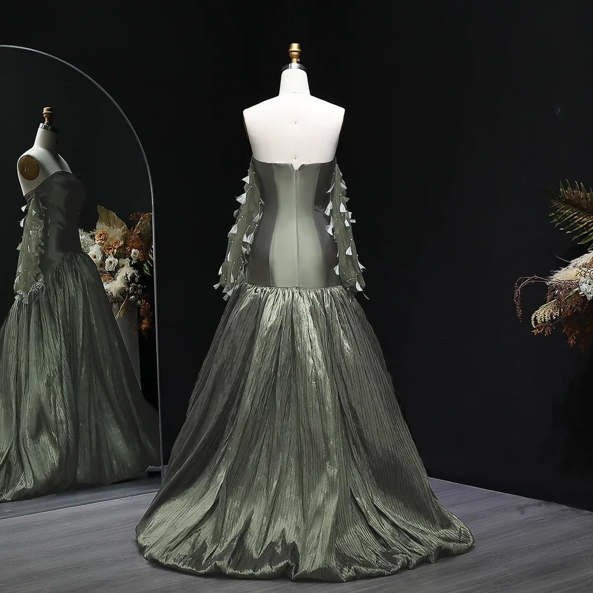 Glamorous Ballgown Strapless Sleeveless Backless Textured Satin Evening Dress With Train