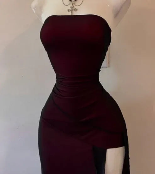 Glamorous Bodycon Strapless Sleeveless Mesh Midi Prom Dress