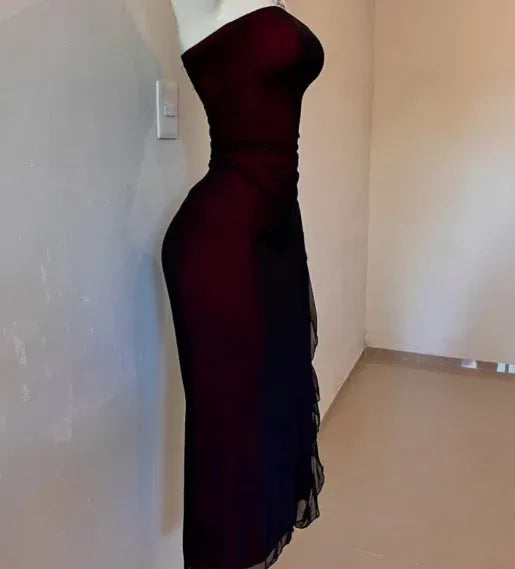 Glamorous Bodycon Strapless Sleeveless Mesh Midi Prom Dress