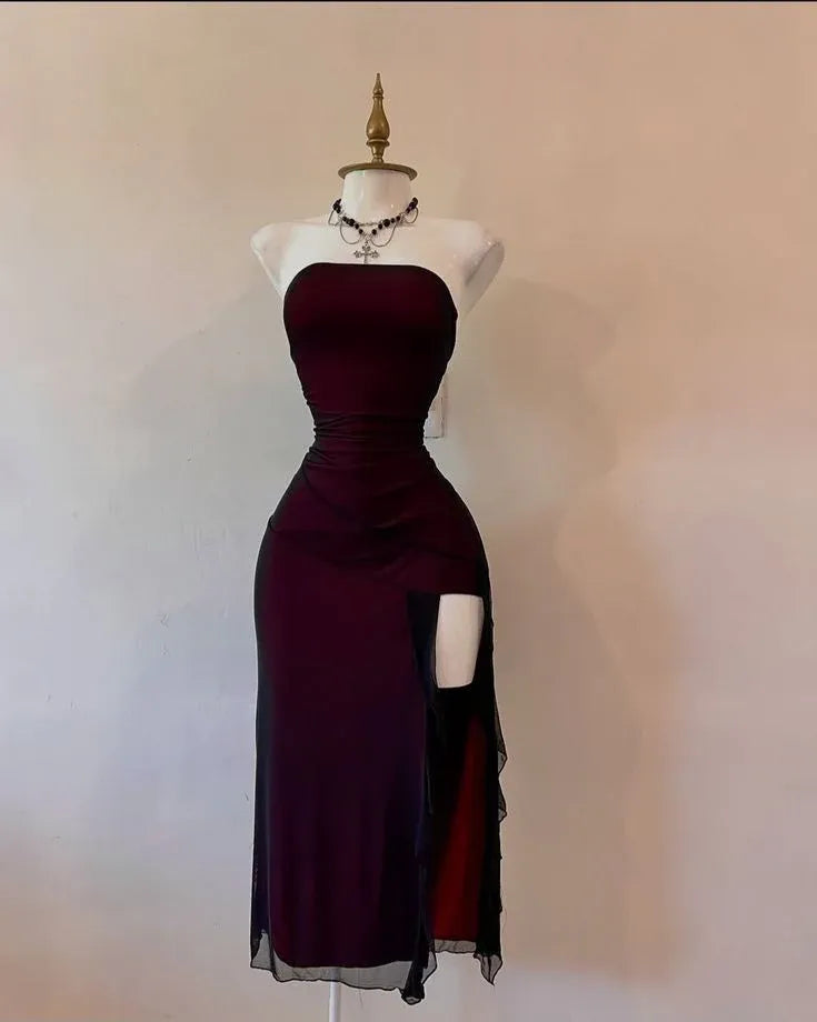 Glamorous Bodycon Strapless Sleeveless Mesh Midi Prom Dress