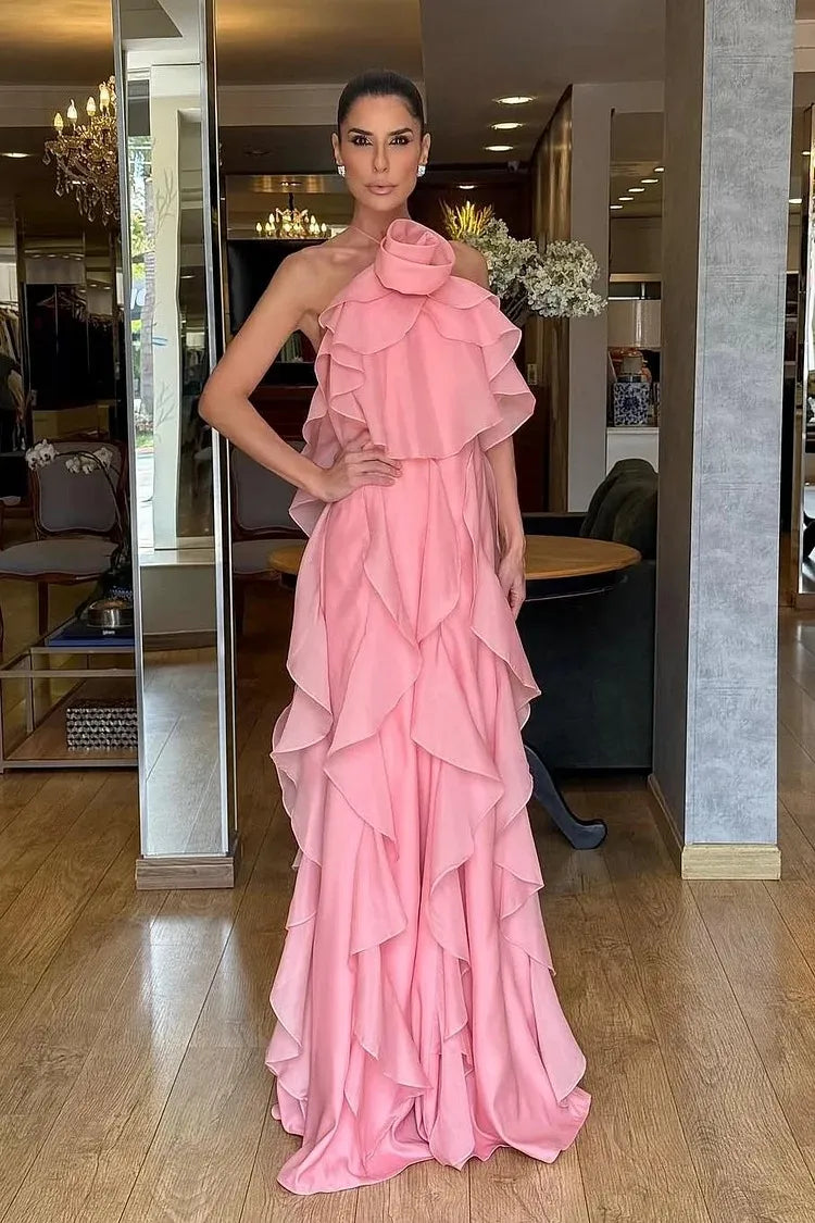 Glamorous Flowy A-Line One Shoulder Sleeveless Open Back Ruffle Train Evening Dress