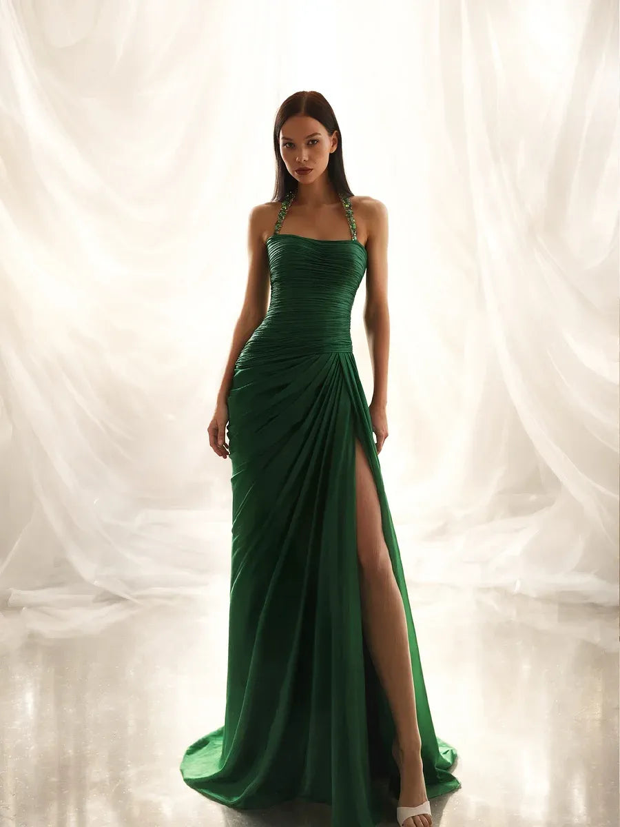 Glamorous Halter Neck Ruched High Slit Satin Maxi Dress with Oversized Bow Train