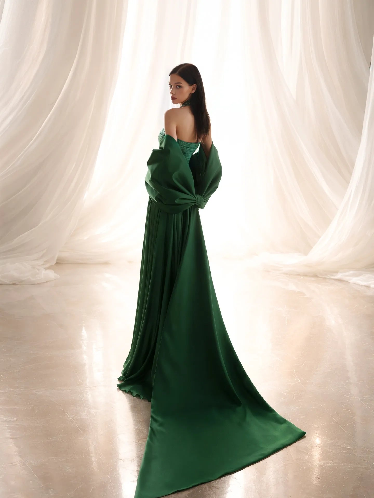 Glamorous Halter Neck Ruched High Slit Satin Maxi Dress with Oversized Bow Train
