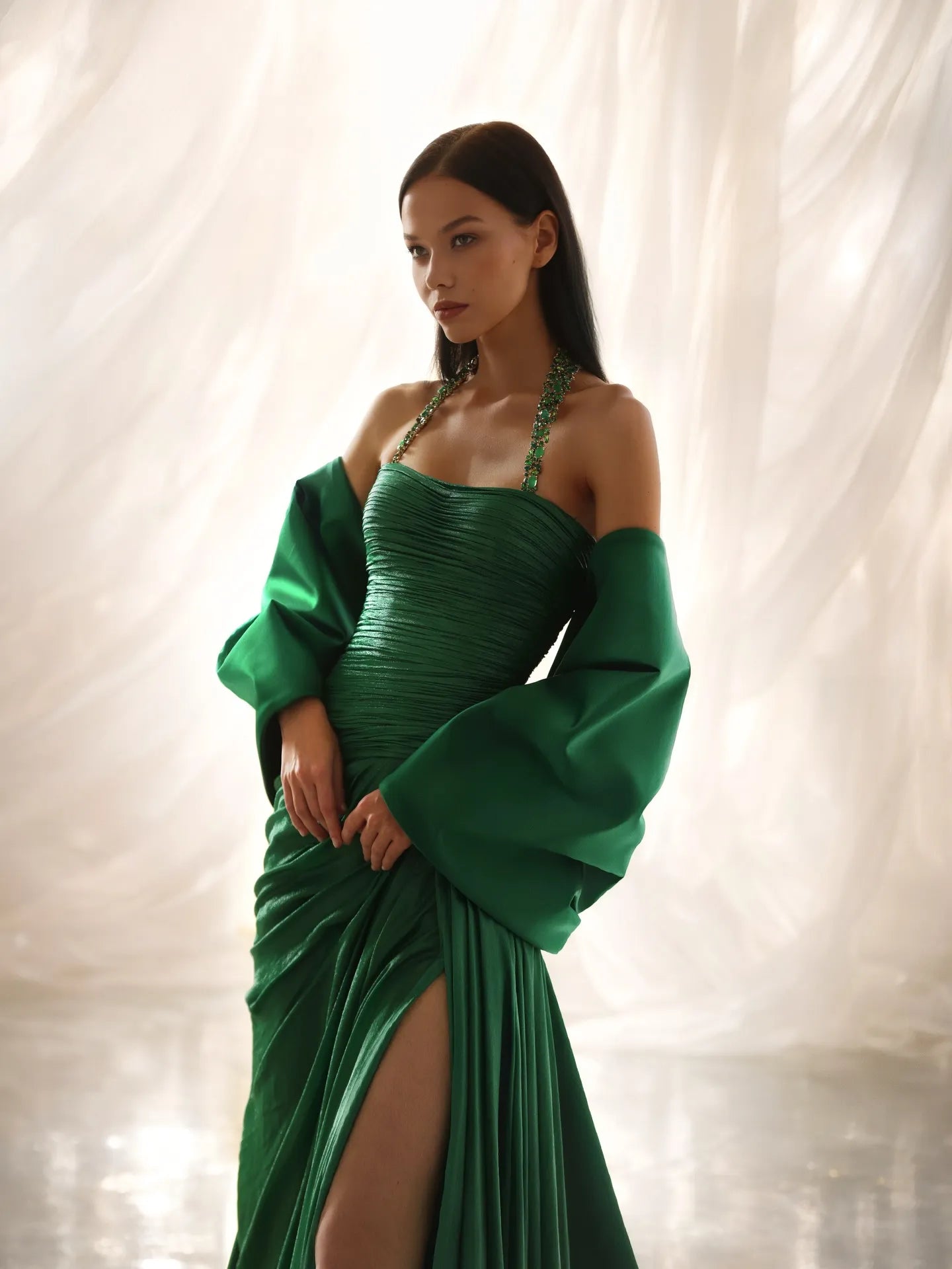 Glamorous Halter Neck Ruched High Slit Satin Maxi Dress with Oversized Bow Train
