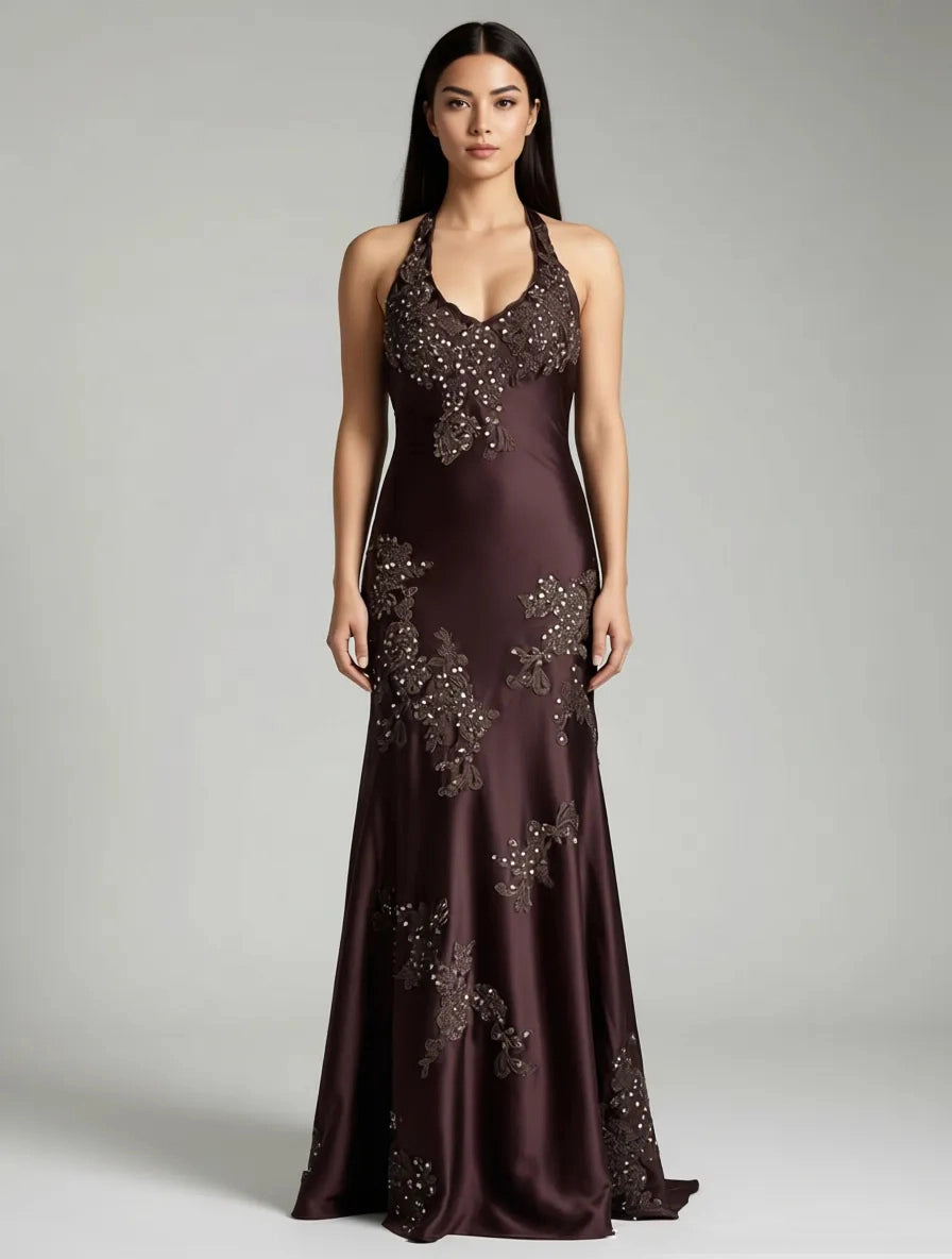 Glamorous Halter Neck Satin Mermaid Maxi Dress with Lace Applique