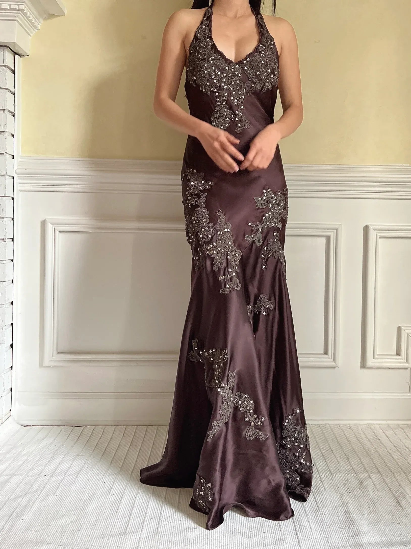 Glamorous Halter Neck Satin Mermaid Maxi Dress with Lace Applique