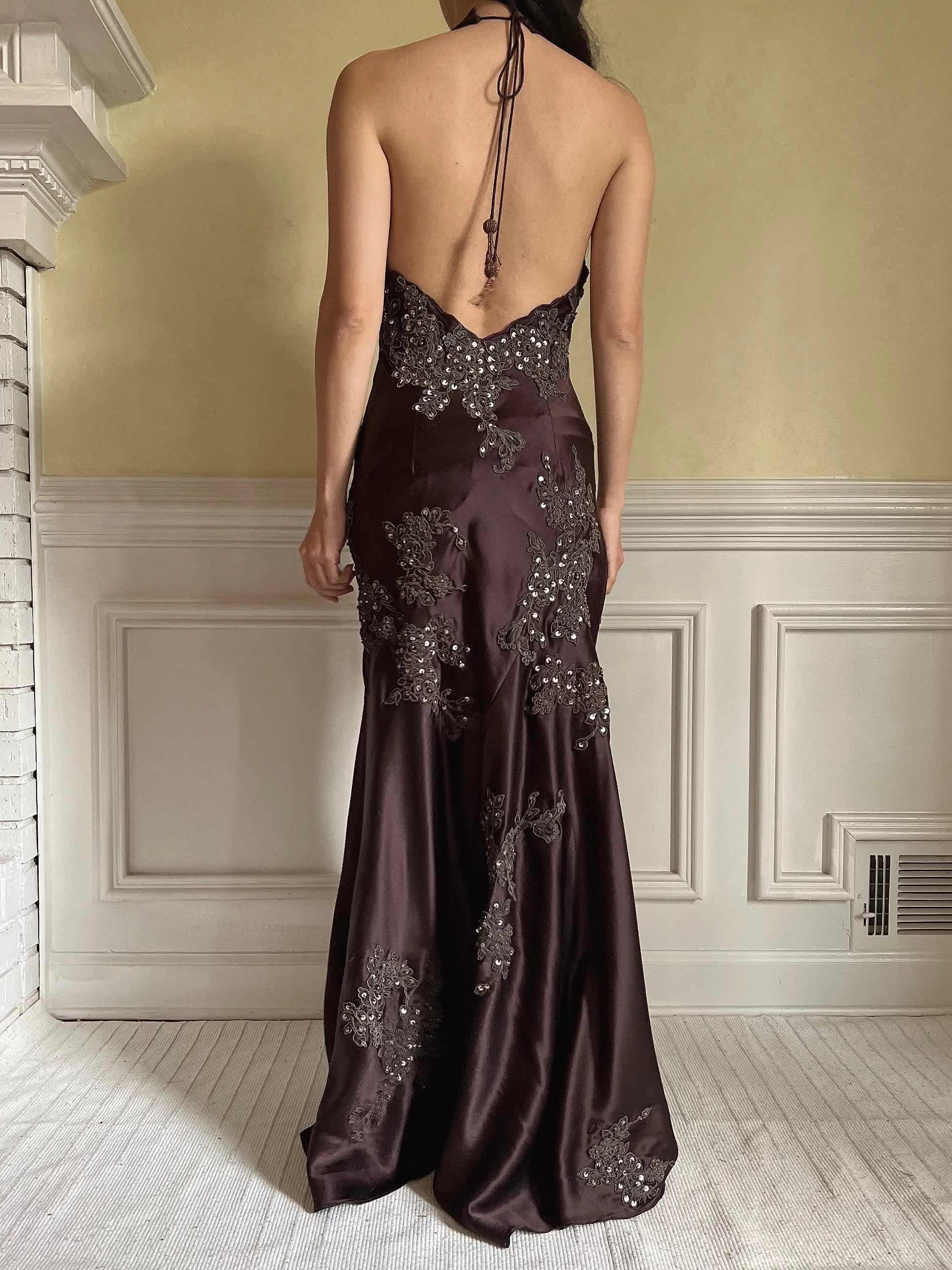 Glamorous Halter Neck Satin Mermaid Maxi Dress with Lace Applique