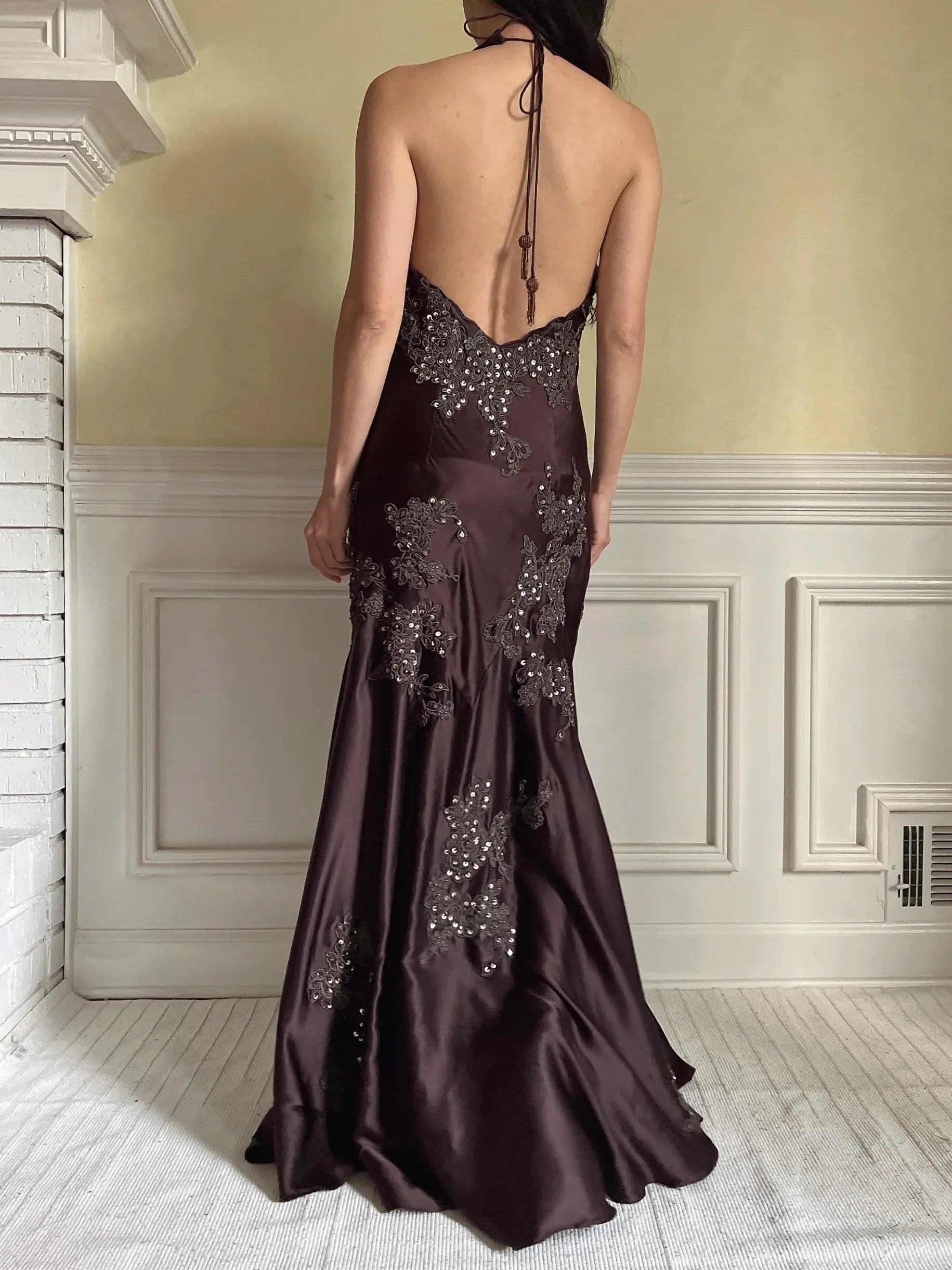 Glamorous Halter Neck Satin Mermaid Maxi Dress with Lace Applique