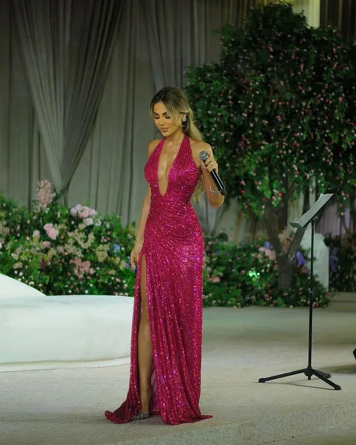 Glamorous Halter Neck Sleeveless Ruched Sequin Slit Maxi Evening Dress
