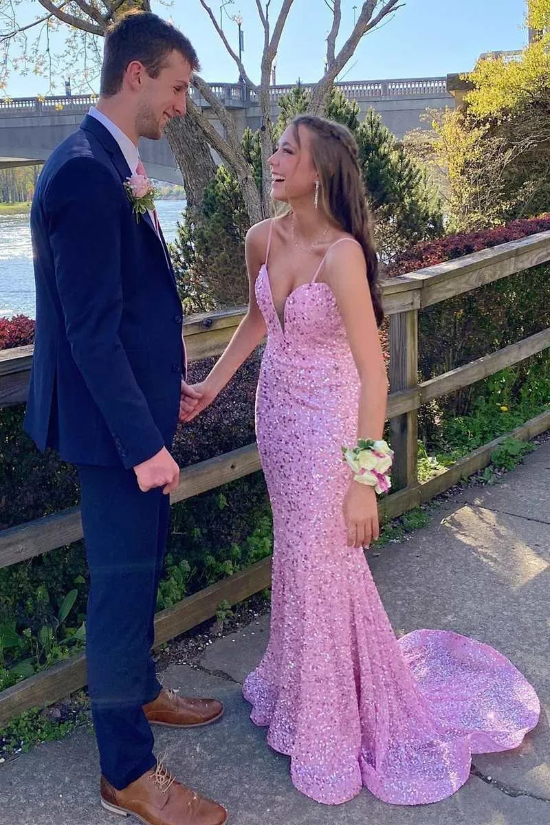 Glamorous Mermaid Deep V Neck Sleeveless Sequin Maxi Prom Dress