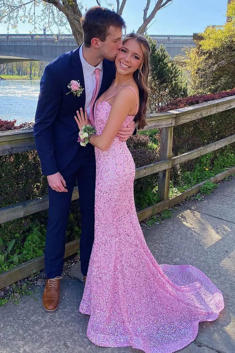 Glamorous Mermaid Deep V Neck Sleeveless Sequin Maxi Prom Dress