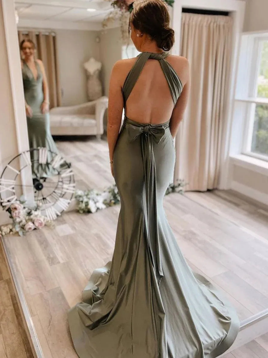 Glamorous Mermaid Halter Neck Satin Maxi Prom Dress with Bow