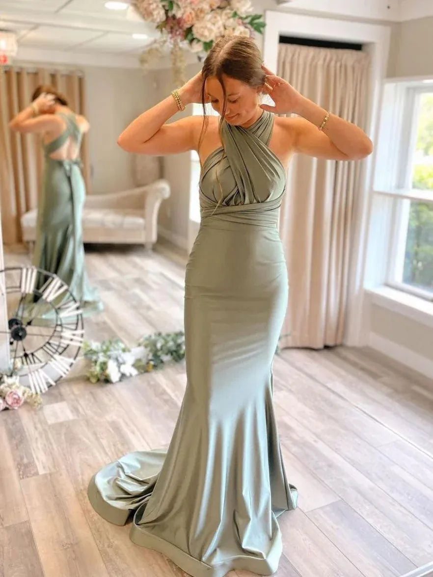 Glamorous Mermaid Halter Neck Satin Maxi Prom Dress with Bow
