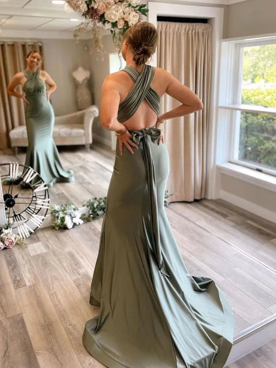 Glamorous Mermaid Halter Neck Satin Maxi Prom Dress with Bow