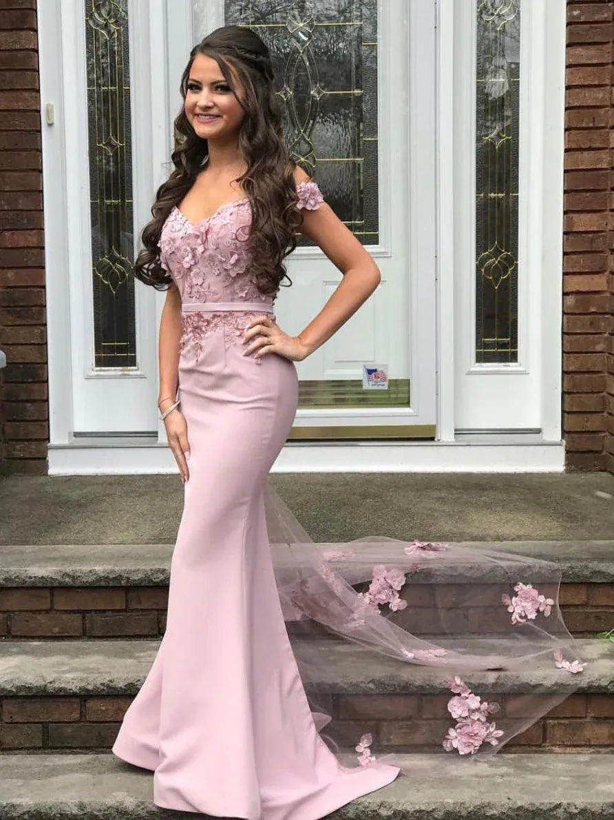 Glamorous Mermaid Off Shoulder 3D Floral Lace Satin Maxi Prom Dress