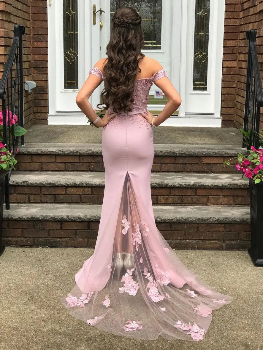 Glamorous Mermaid Off Shoulder 3D Floral Lace Satin Maxi Prom Dress