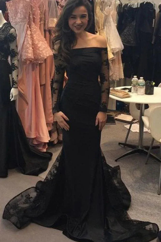 Glamorous Mermaid Off Shoulder Long Sleeve Lace Satin Maxi Prom Dress