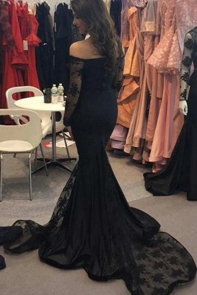 Glamorous Mermaid Off Shoulder Long Sleeve Lace Satin Maxi Prom Dress