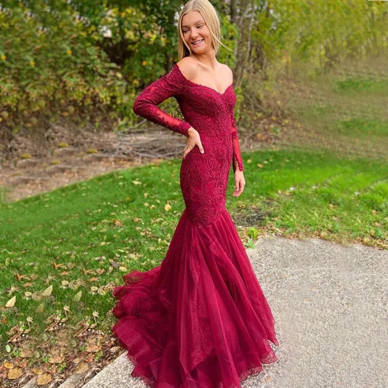 Glamorous Mermaid Off Shoulder Long Sleeve Lace Tulle Maxi Prom Dress