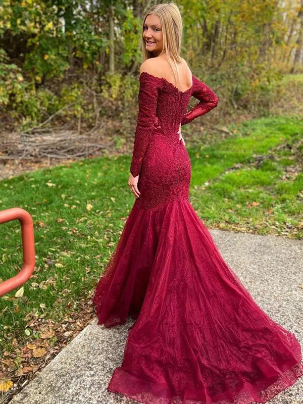 Glamorous Mermaid Off Shoulder Long Sleeve Lace Tulle Maxi Prom Dress