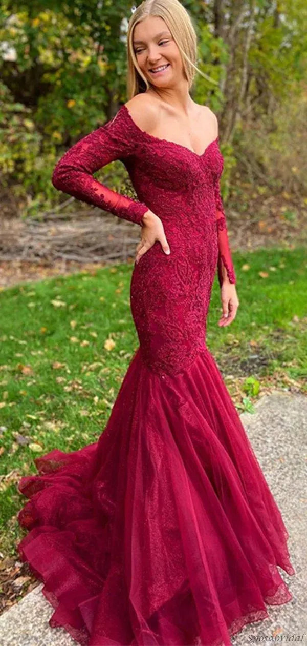 Glamorous Mermaid Off Shoulder Long Sleeve Lace Tulle Maxi Prom Dress