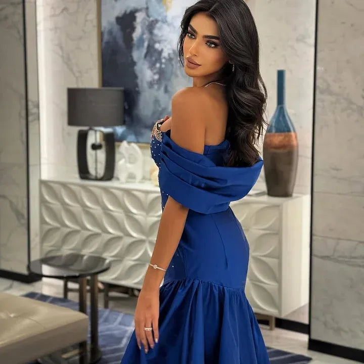 Glamorous Mermaid Off-The-Shoulder Beaded Satin Evening Dress With Ruffle Hem