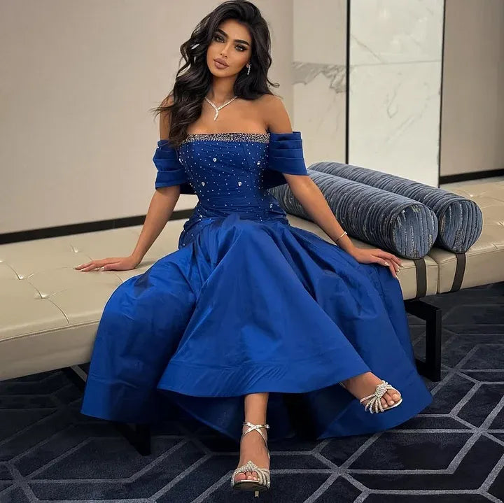 Glamorous Mermaid Off-The-Shoulder Beaded Satin Evening Dress With Ruffle Hem