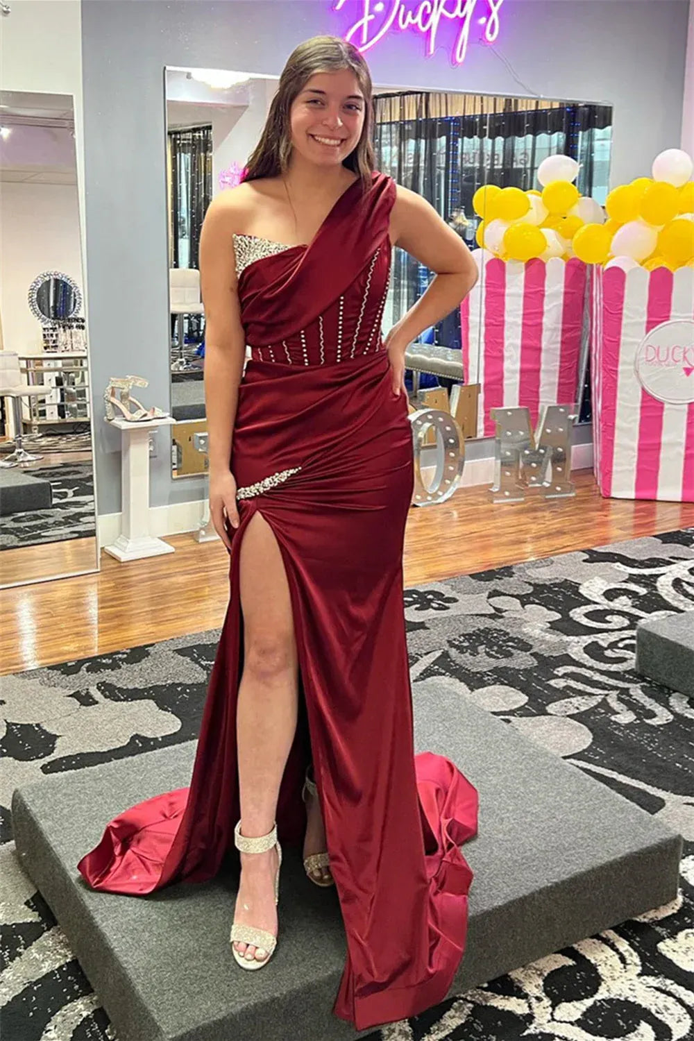 Glamorous Mermaid One Shoulder Single Sleeve Satin Maxi Prom Dress