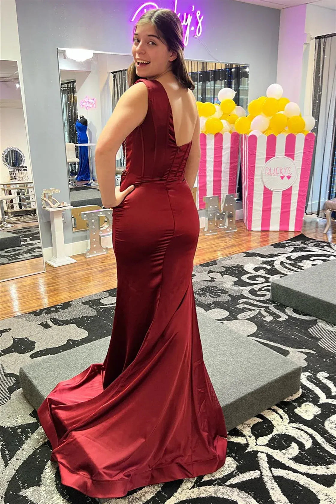 Glamorous Mermaid One Shoulder Single Sleeve Satin Maxi Prom Dress