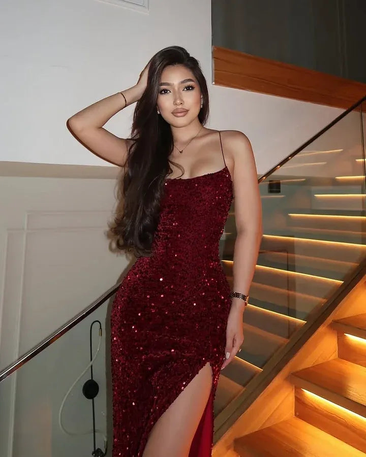Glamorous Mermaid Spaghetti Strap Backless Sequin Velvet Maxi Dress With Slit