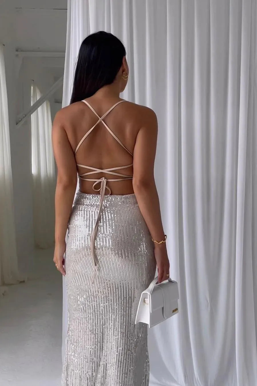 Glamorous Mermaid Spaghetti Strap Crisscross Backless Sequin Maxi Dress With Slit