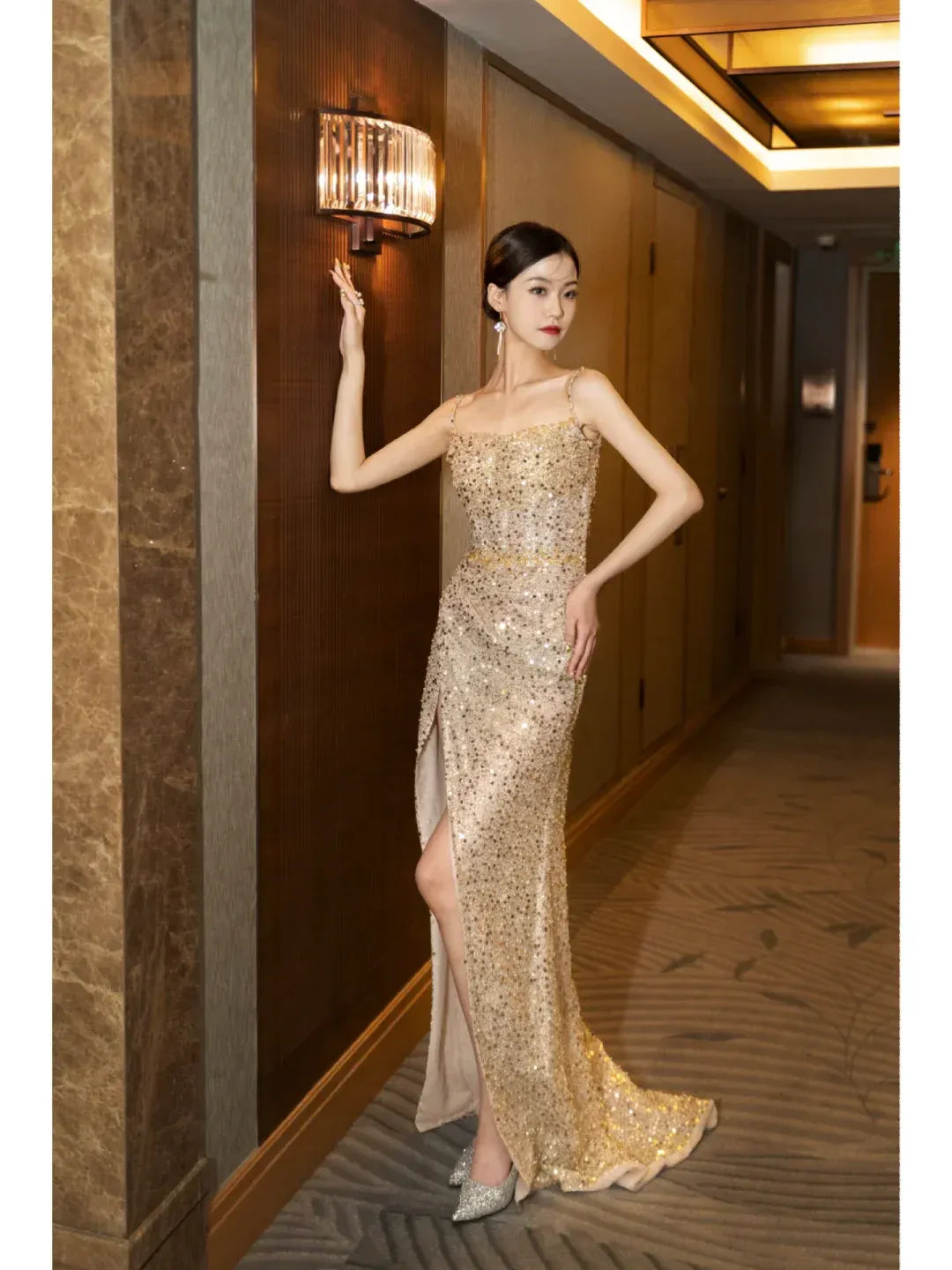Glamorous Mermaid Spaghetti Strap Low Back High Slit Sequin Floor-Length Evening Gown