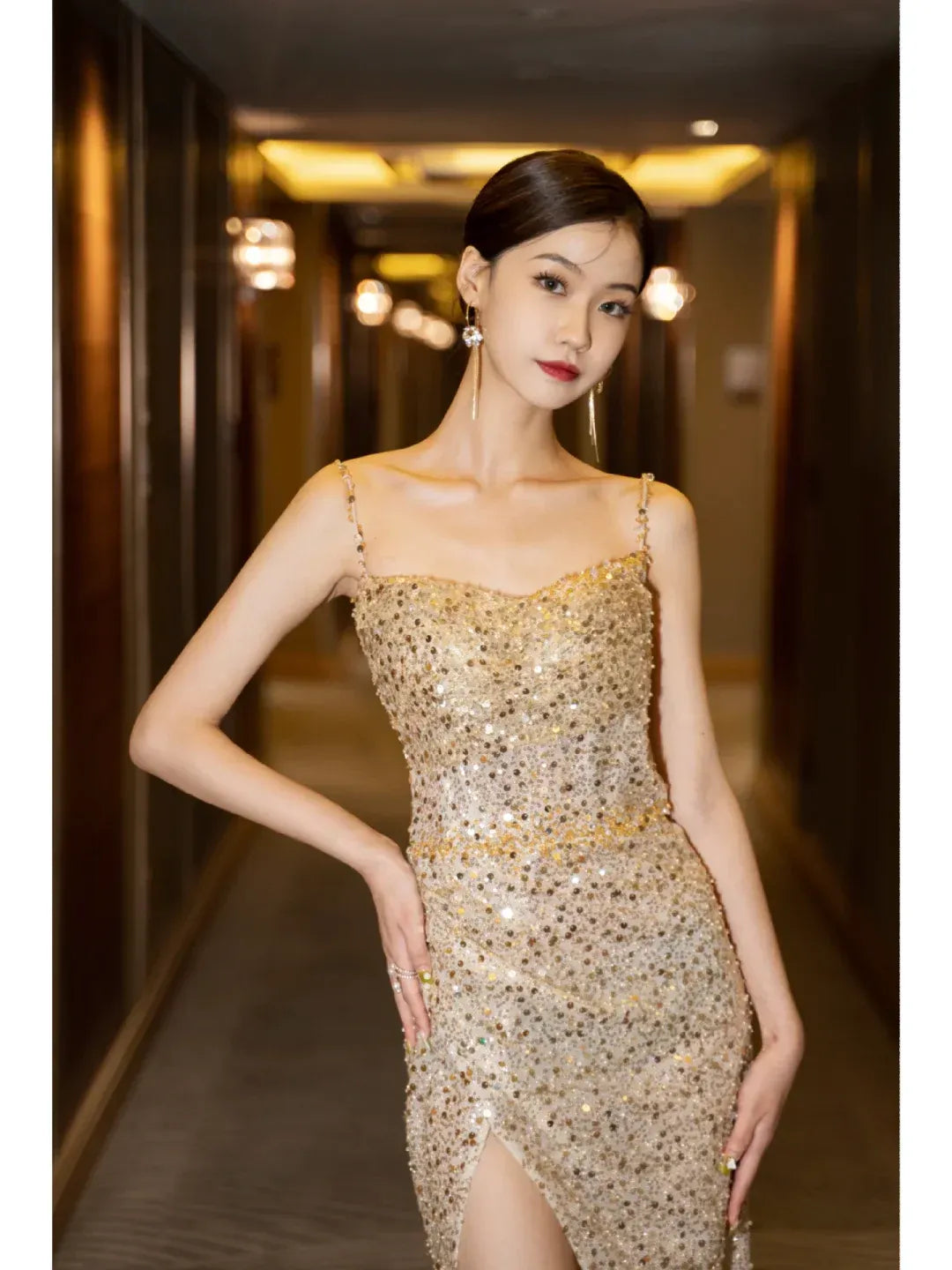 Glamorous Mermaid Spaghetti Strap Low Back High Slit Sequin Floor-Length Evening Gown