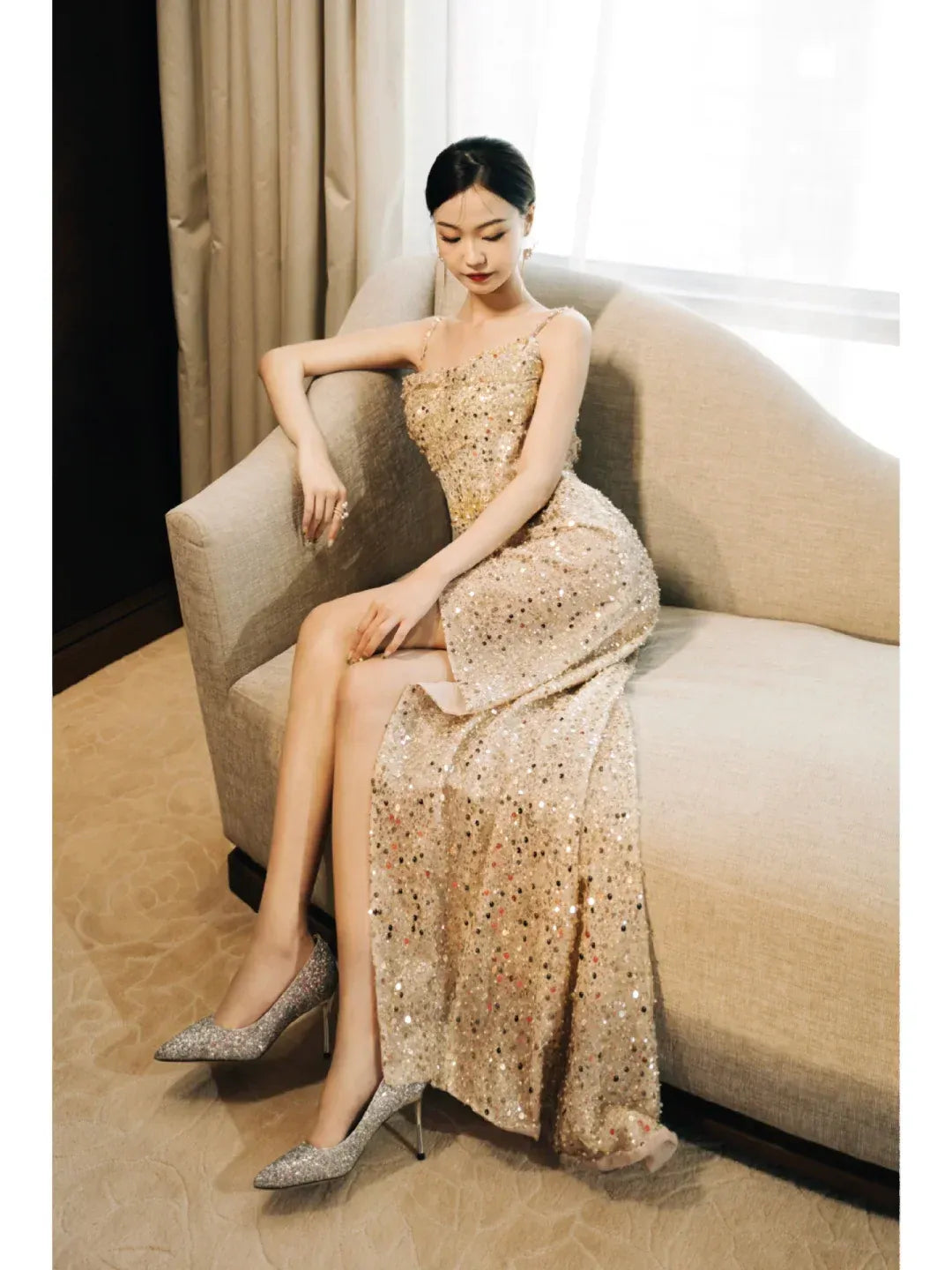 Glamorous Mermaid Spaghetti Strap Low Back High Slit Sequin Floor-Length Evening Gown