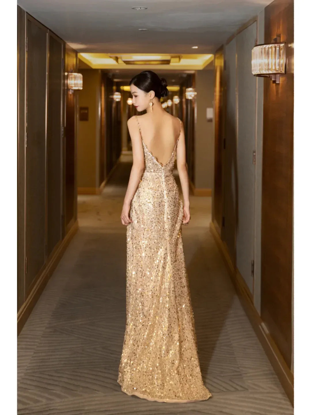 Glamorous Mermaid Spaghetti Strap Low Back High Slit Sequin Floor-Length Evening Gown
