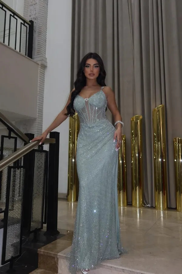 Glamorous Mermaid Spaghetti Strap Sheer Corset Lace-Up Beaded Mesh Maxi Dress With Train