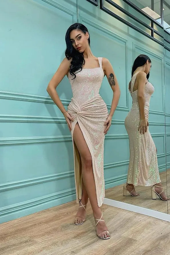 Glamorous Mermaid Square Neck Ruched Twist Detail Sequin Maxi Dress With Slit