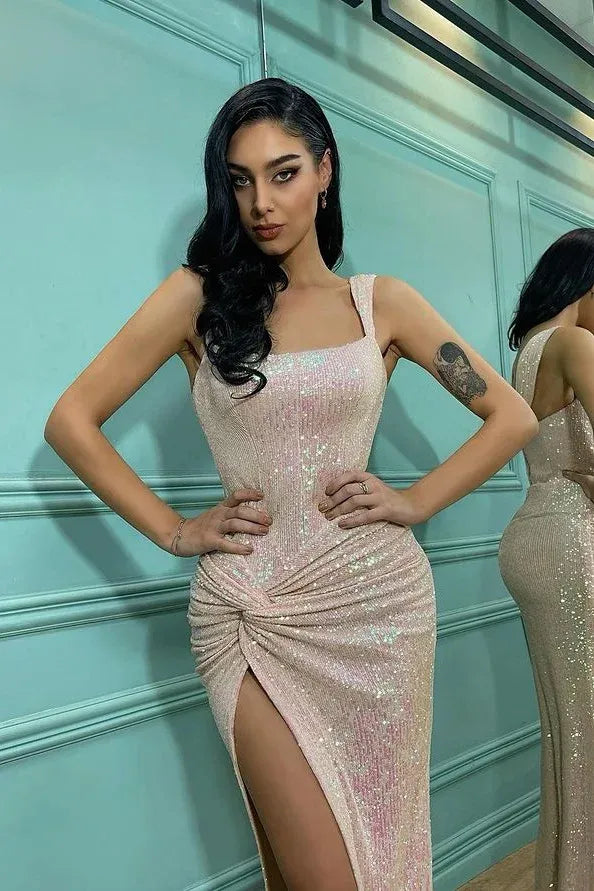 Glamorous Mermaid Square Neck Ruched Twist Detail Sequin Maxi Dress With Slit