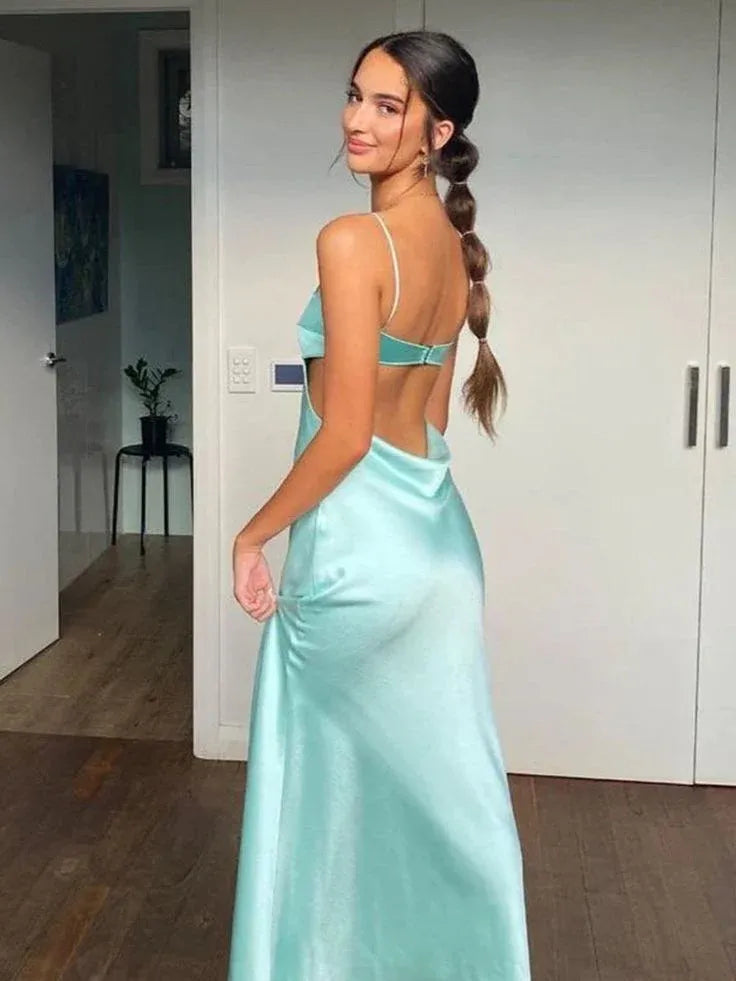 Glamorous Mermaid Straight Neck Spaghetti Strap Cutout Open Back Floor-Length Satin Maxi Dress