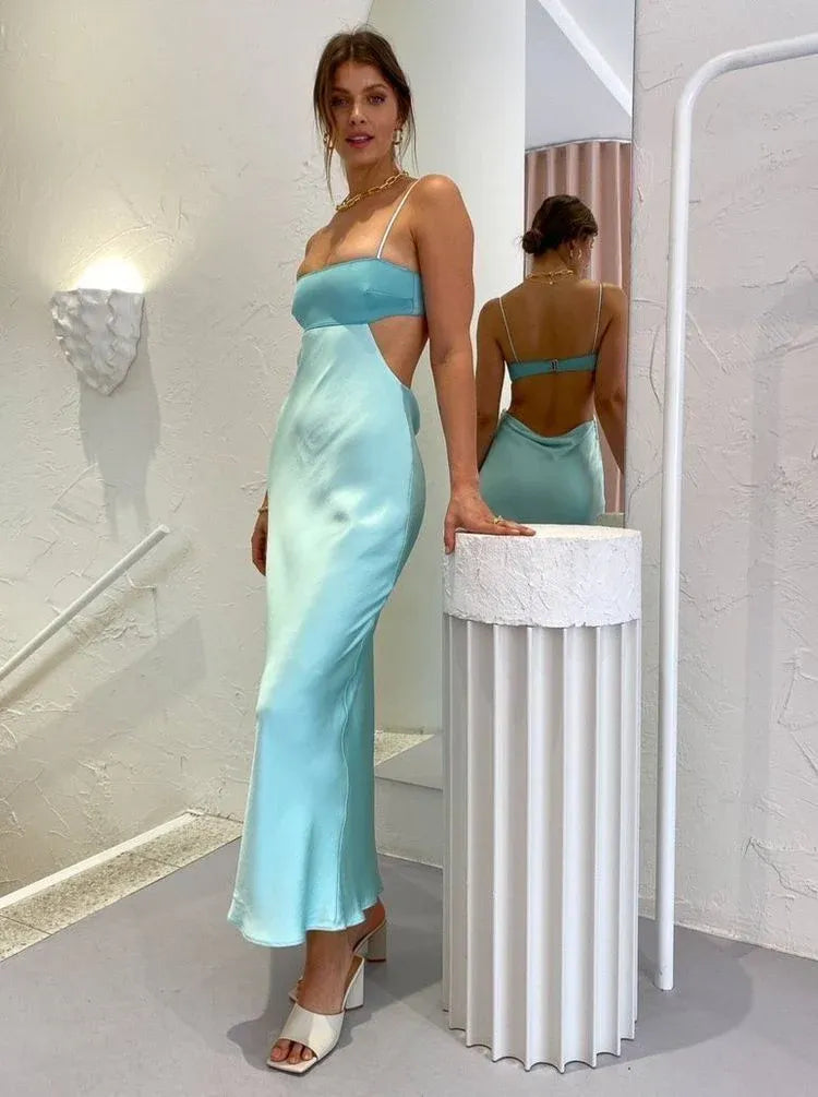 Glamorous Mermaid Straight Neck Spaghetti Strap Cutout Open Back Floor-Length Satin Maxi Dress