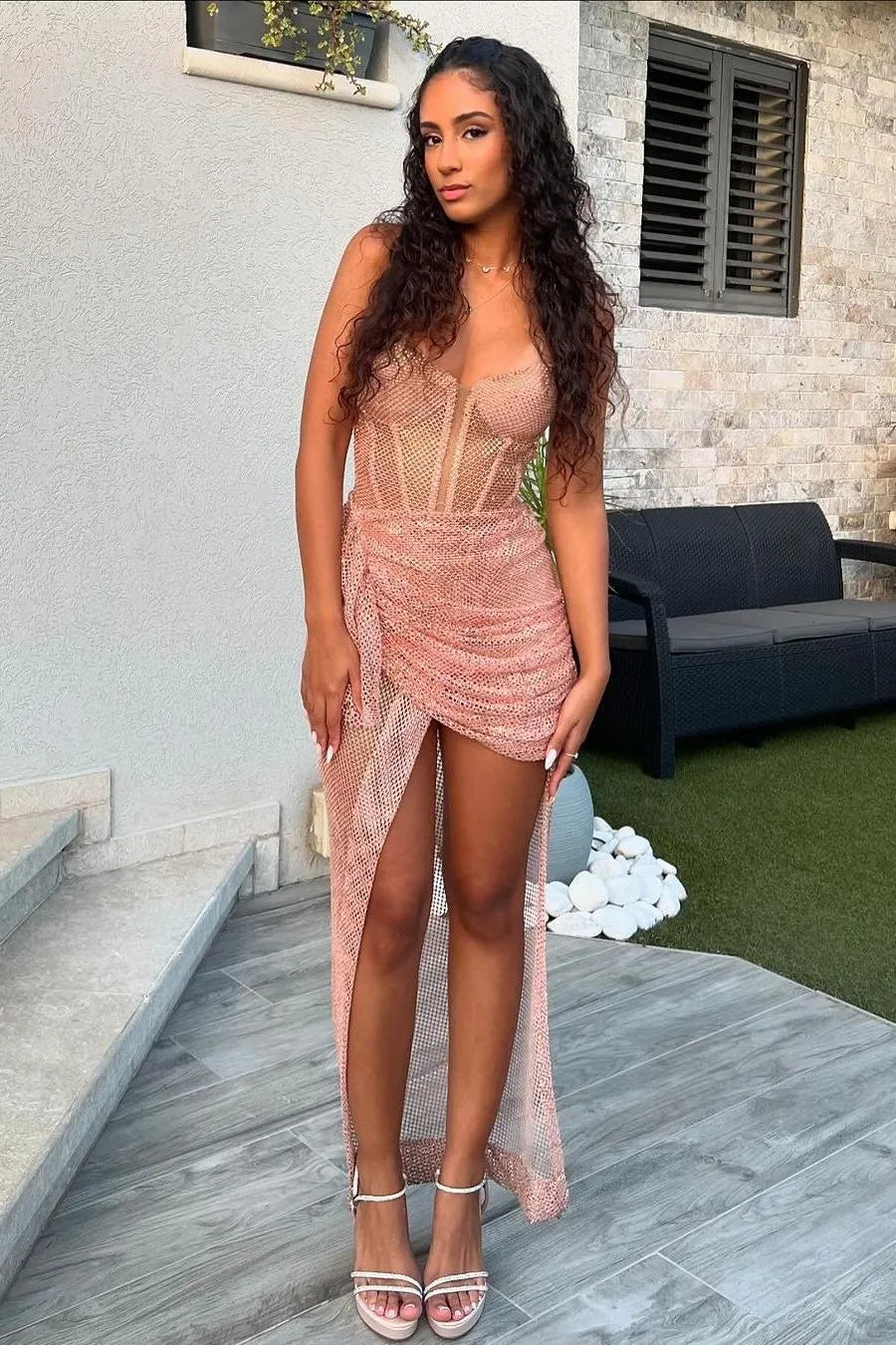 Glamorous Mermaid Strapless Sheer Beaded Corset Ruched Mesh Maxi Dress With Slit