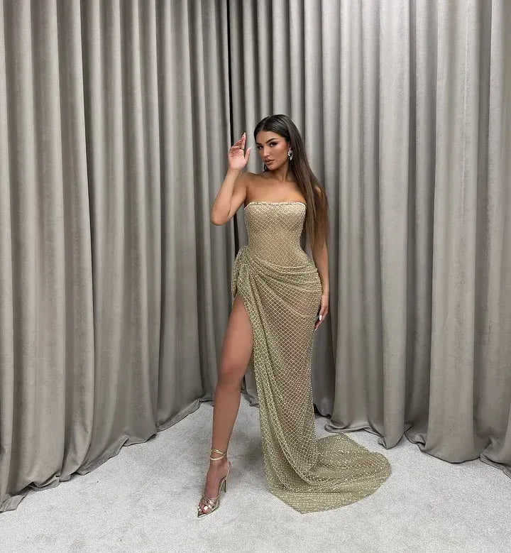 Glamorous Mermaid Strapless Sheer Beaded Mesh Ruched Maxi Dress With Slit & Train