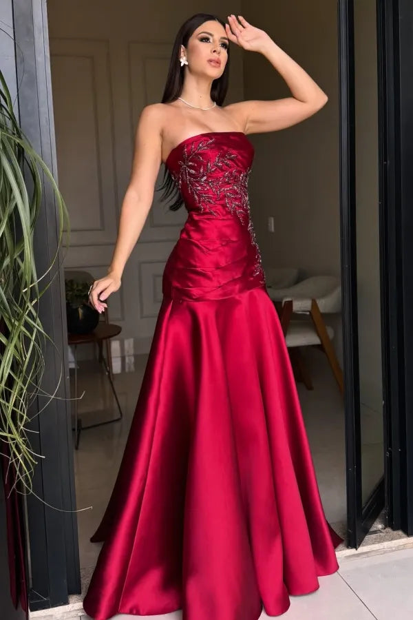 Glamorous Mermaid Strapless Sleeveless Beaded Ruched Maxi Evening Dress