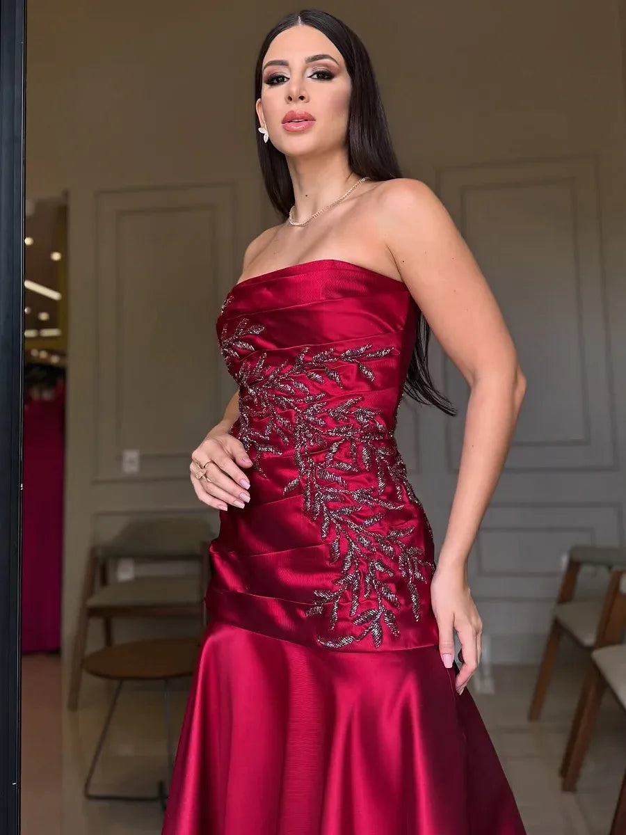 Glamorous Mermaid Strapless Sleeveless Beaded Ruched Maxi Evening Dress