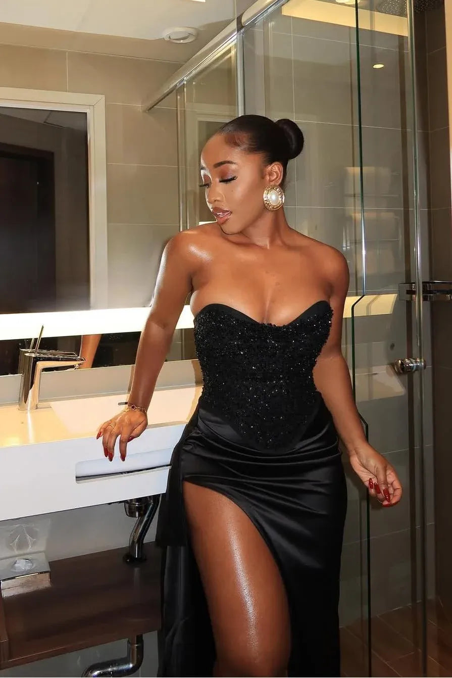 Glamorous Mermaid Strapless Sweetheart Beaded Corset Satin Maxi Dress With Slit